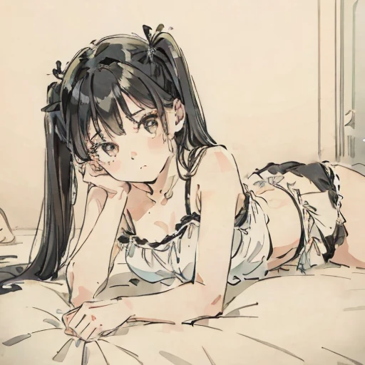 A girl with black hair and twin tails lying on a bed in a camisole