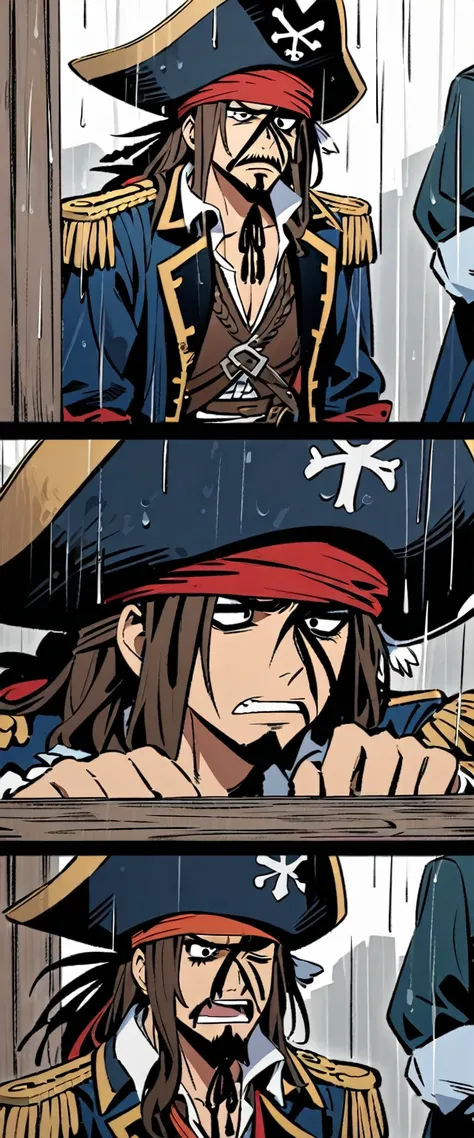 Captain jack sparrow is pleading his innocence, rainy day, pirate on trial  at the gallows