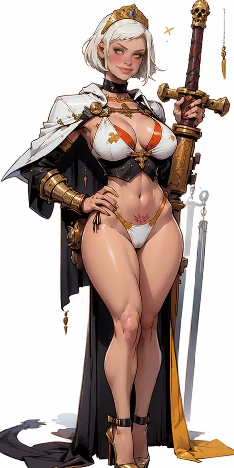 Two long thighs, yellow eyes, blonde hair, short hair, large breasts, detached sleeves, very white background, royal tiara, long cape, yellow tiger bikini, high heels, hands on hips. red tattoo on belly navel, full body female MILF BIMBO, lustful smirking ...