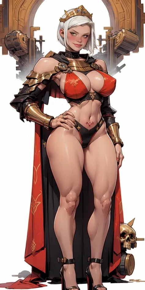 Two long thighs, yellow eyes, blonde hair, short hair, large breasts, detached sleeves, very white background, royal tiara, long cape, yellow tiger bikini, high heels, hands on hips. red tattoo on belly navel, full body female MILF BIMBO, lustful smirking ...