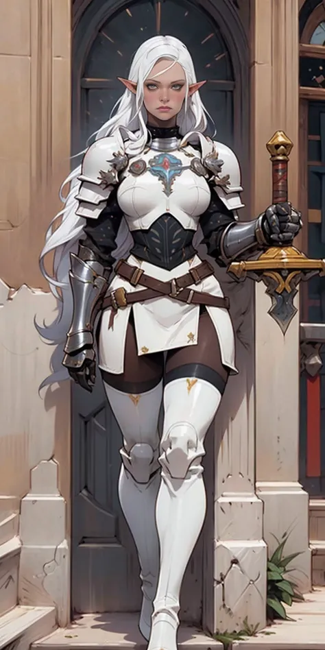 masterpiece, best quality, high quality, white SKIN elf, long hair, white hair, yellow eyes, full body, def_effie, blue breastplate, white skin, looking at viewer, shiny,armor, thighhighs, high boots,shoulder armor, faulds, poleyn, gloves, gauntlets