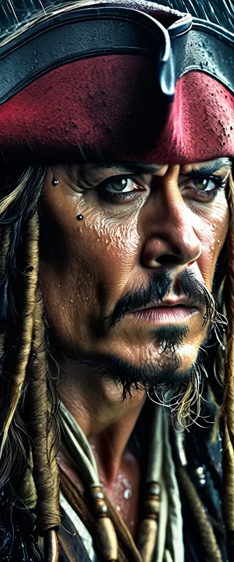 a detailed close-up portrait of captain jack sparrow, pleading his innocence, soaking wet from the rain, standing at the gallows, dramatic lighting, gritty textured skin, intense eyes, parted lips, wet hair, pirate costume, stormy cloudy sky, (best quality...