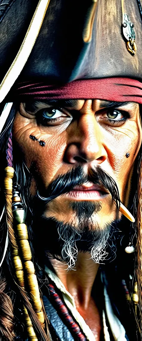 a detailed close-up portrait of captain jack sparrow, pleading his innocence, soaking wet from the rain, standing at the gallows, dramatic lighting, gritty textured skin, intense eyes, parted lips, wet hair, pirate costume, stormy cloudy sky, (best quality...