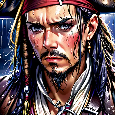 a detailed close-up portrait of captain jack sparrow, pleading his innocence, soaking wet from the rain, standing at the gallows, dramatic lighting, gritty textured skin, intense eyes, parted lips, wet hair, pirate costume, stormy cloudy sky, (best quality...