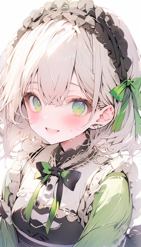 highest quality, masterpiece, High resolution, One person in, short_hair, green_ribbon, hairband, black_hairband, ribbon, Front hair, white_hair, Best, green_eye, green_Best,bow, blush, black_bow, One girl, black_bowtie, bowtie, Looking_in_Audience, Inflat...