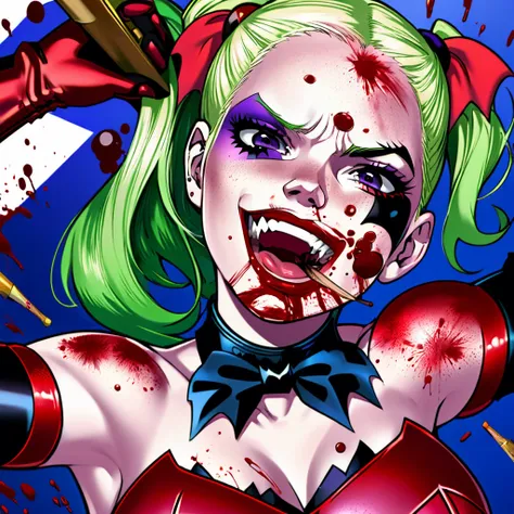 Batman foe Harley Quinn has just finished beating someone to death with a ball bat, blood spatter on her face, set in a bank, close up on her face