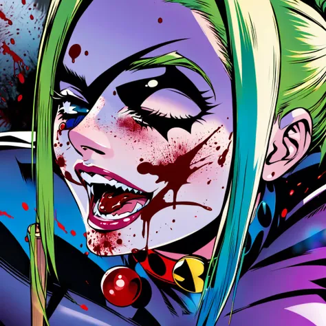 Batman foe Harley Quinn has just finished beating someone to death with a ball bat, blood spatter on her face, set in a bank, close up on her face