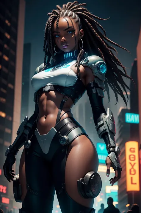 A stunning woman in a post-apocalyptic cyberpunk setting. Your ebony skin glows under the neon light, Blue cybernetic eyes stand out from a chiseled face with strong features. Cabelos em dreadlocks adornados com LEDs piscantes. Ela veste um traje futurista...