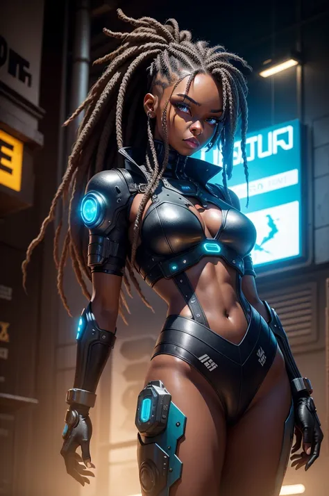 A stunning woman in a post-apocalyptic cyberpunk setting. Your ebony skin glows under the neon light, Blue cybernetic eyes stand out from a chiseled face with strong features. Cabelos em dreadlocks adornados com LEDs piscantes. Ela veste um traje futurista...