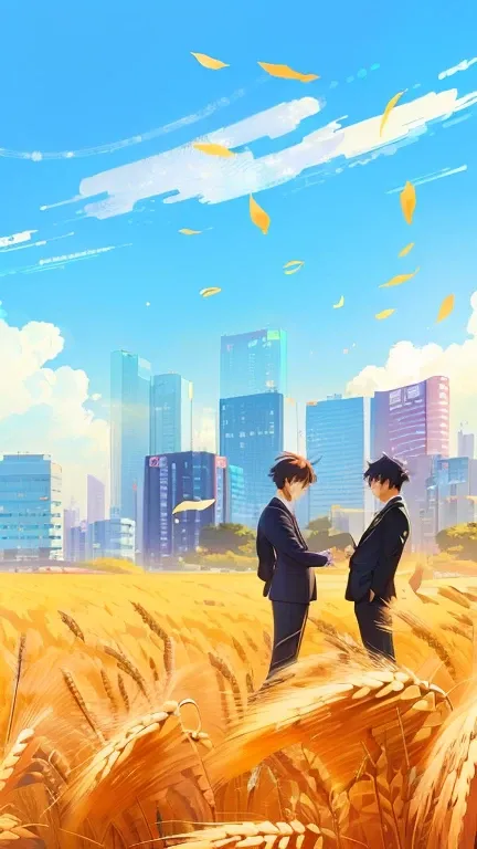 Two wheat fields，背景为城市的动漫style插图, Anime style cityscape, Colorful anime background, 🍁 Lovely, Digital Anime Illustration, 4k hd illustration wallpaper, A beautiful artistic illustration, Background artwork, With Artest Guerin (atey ghailan) style, Anime Ba...