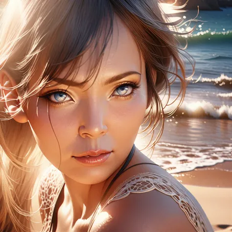 a lovely woman, close-up of face, beautiful detailed eyes, beautiful detailed lips, extremely detailed eyes and face, long eyelashes, warm spring day, beach, ocean, blue sky, sunlight, golden hour, dreamy, romantic, soft lighting, cinematic, elegant, grace...