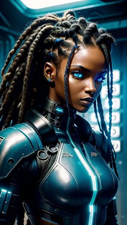 A stunning woman in a post-apocalyptic cyberpunk setting. Your ebony skin glows under the neon light, Blue cybernetic eyes stand out from a chiseled face with strong features. Cabelos em dreadlocks adornados com LEDs piscantes. Ela veste um traje futurista...