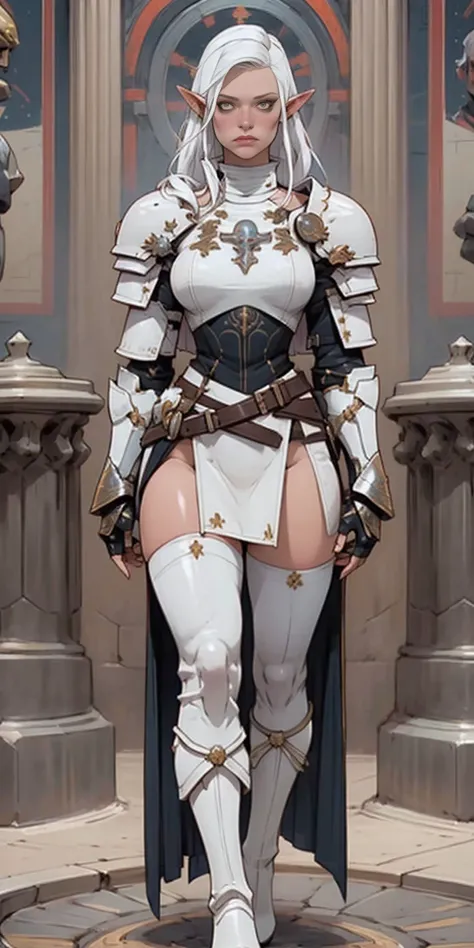 masterpiece, best quality, high quality, white SKIN elf, long hair, white hair, yellow eyes, full body, def_effie, blue breastplate, white skin, looking at viewer, shiny,armor, thighhighs, high boots,shoulder armor, faulds, poleyn, gloves, gauntlets