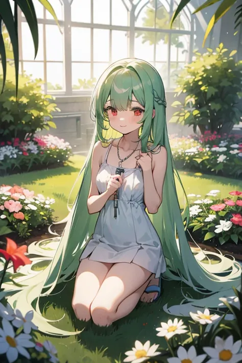 masterpiece, key anime visual, HDR, best quality, hi-res, (1 anime girl with red eyes and white skin), adolescent, (((light green hair))), (((straight hair that goes to her knees))), wearing a plain white sleeveless mini dress, wearing tan sandals with no ...