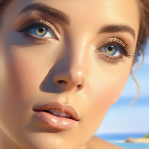 a lovely woman, close-up of face, beautiful detailed eyes, beautiful detailed lips, extremely detailed eyes and face, long eyelashes, warm spring day, beach, ocean, blue sky, sunlight, golden hour, dreamy, romantic, soft lighting, cinematic, elegant, grace...