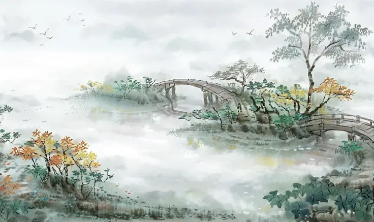 这是Ink landscape painting，（（Ink landscape painting）），Fan Zeng风格，Fan Zeng，South City Park，A bridge across a small pond, ((Thick fog))，There is fog on the surface of the water  （（Thick fog）），Wonderland sense ,Like a fairyland， Chinese painting style,  Chinese...