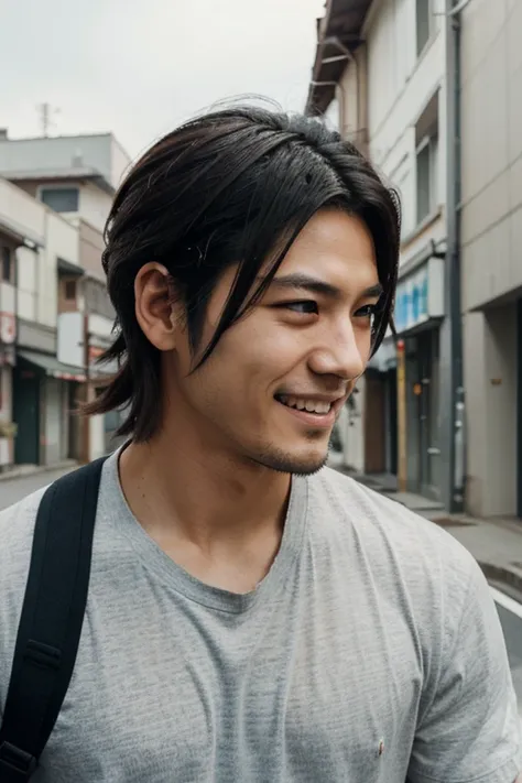 A handsome and cool Japanese man with hair swept to the side like a brave anime hero is traveling and smiles softly.