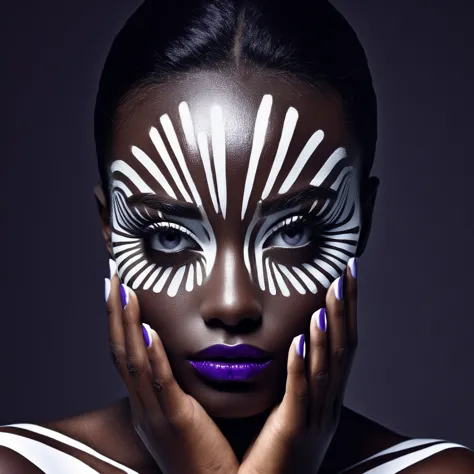 High Resolution, High Quality , Masterpiece . monochrome photography, ebony beauty model face and hands illuminated in a stark contrast to the enveloping darkness, geometric facial art influenced by Willi Baumeister, intricate white luminous paint patterns...