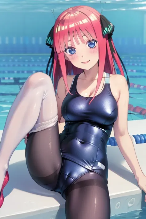 best quality, masterpiece, high quality, insanely detailed, nino nakano, one-piece swimsuit, breasts, pantyhose, blush, smile, in the swimming pool, legs spread