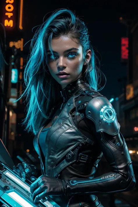 A stunning woman in a post-apocalyptic cyberpunk setting. Your fair skin glows under the neon light, Blue cybernetic eyes stand out from a chiseled face with strong features. Cabelos curto liso adornados com LEDs piscantes. Ela veste um traje futurista pre...