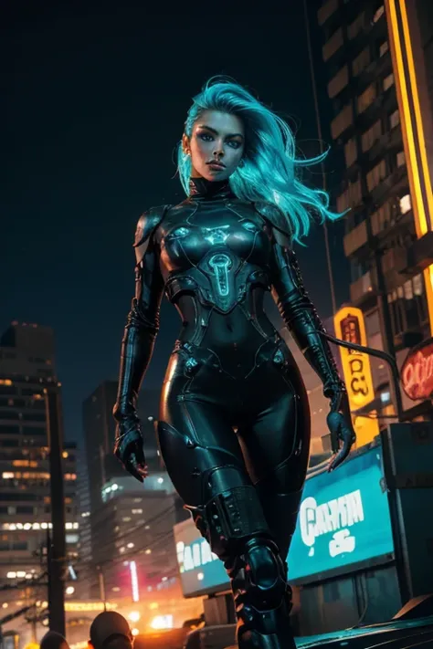 A stunning woman in a post-apocalyptic cyberpunk setting. Your fair skin glows under the neon light, Blue cybernetic eyes stand out from a chiseled face with strong features. Cabelos curto liso adornados com LEDs piscantes. Ela veste um traje futurista pre...