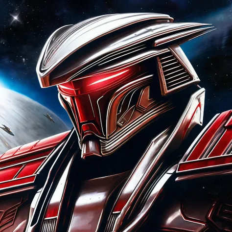 Battle Star Galactica, A cylon raider (shining chrome plates, central menacing red eye) in a cold sterile Cylon space ship, close up on the face. cruel, menacing, dangerous