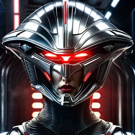 Battle Star Galactica, A cylon raider (shining chrome plates, central menacing red eye) in a cold sterile Cylon space ship, close up on the face. cruel, menacing, dangerous