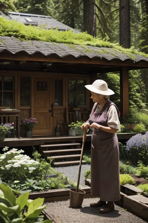 An elderly women tending a garden outside a cabin in a pacific northwestern forest. The women secretly a mushroom person.