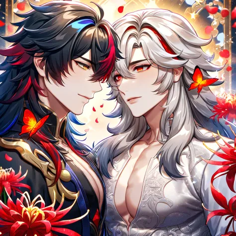 (absurdres, highres, ultra detailed, HDR) master piece, best quality, Ren, black long hair, expressive red eyes, honkai star rail, Jing Yuan, white long hair, expressive yellow eyes, two sexy men together, gay couple, yaoi, handsome, toned chest, black clo...