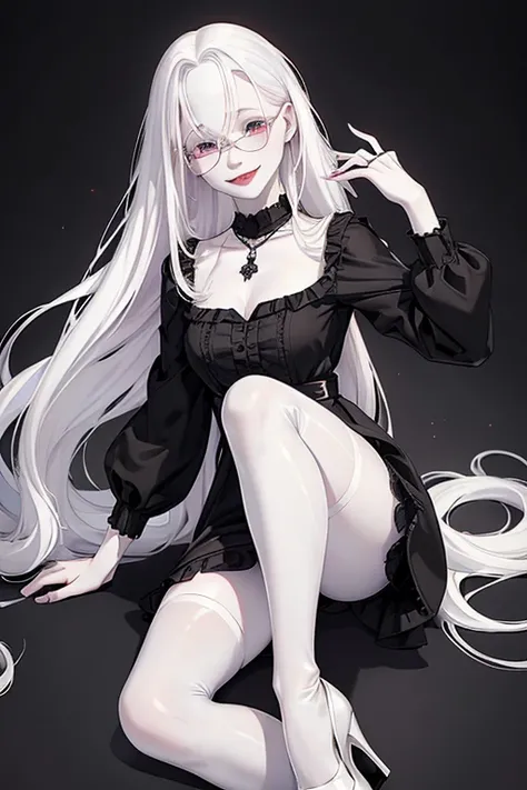 (black clothing), Cute 18 yo (albino:1.4)woman of Slavic descent.(short:1.1), , long white hair, gray eyes, ((very pale:1.4)). Innocent look. Gentle spirit.(virgin), (joy:1.2),(smile:1.3). (Playful:1.2). Mascara, eyeglasses, necklace, jacket, blouse, ruffl...