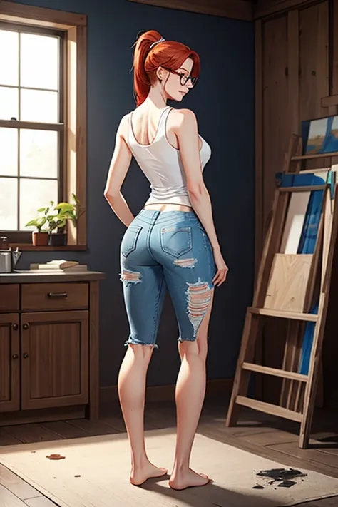 (back view),(full body:1.4),tall, slender ((redhead)) woman of irish descent. (pale:1.3)complexion. blue eyes, cute butt, nice l...