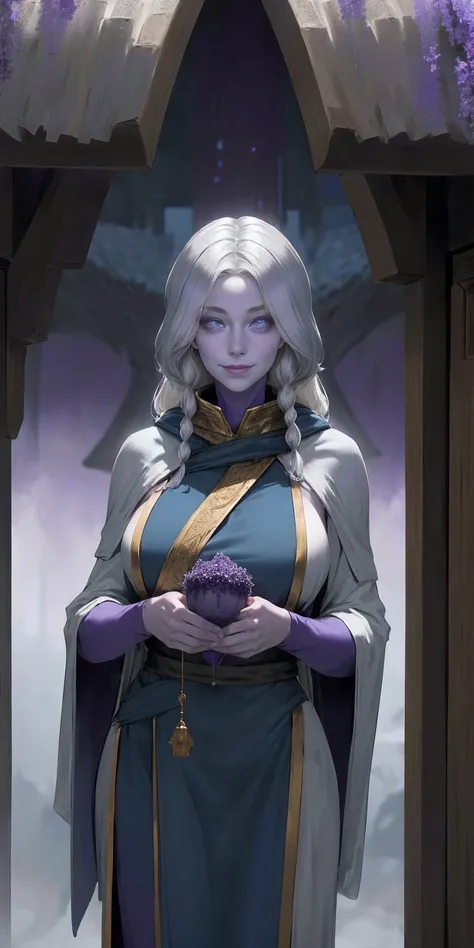 (Triplets)(chest covered)(smile)Gray skin, pale golden hair and violet eyes. They prefer clothing of white and silver with cloaks of deep blue or purple,village background, huge_knockers, ((very precise detailed)), ((highres)