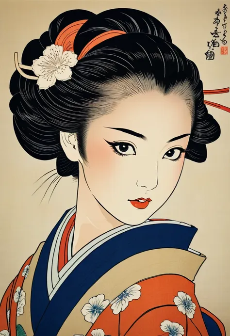 (ukiyo-e:1.9)、woodblock print、sharaku、a beautiful young woman wearing a traditional japanese kimono for the first time、intricate...