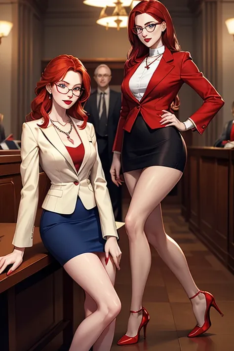 Tall, slender ((redhead)) woman of Irish descent. (pale:1.3)complexion. blue eyes, cute butt, nice legs. Kind eyes, cute smile. Eyeglasses, Mascara, red lipstick, necklace, red blazer and pencil skirt, blouse, beige pantyhose, stiletto heels. Lawyer, in co...