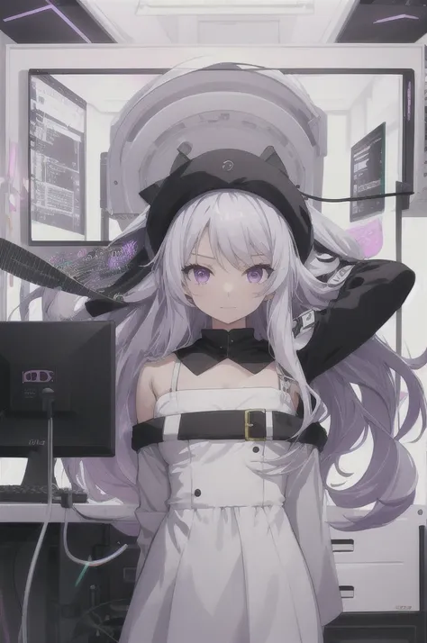 one girl, long hair, computer_chan,  little:1.5, one piece, white dress,  silver hair,  purple eyes, dark skin, white background...