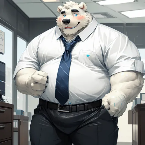 new jersey 5 furry，polar bear，solitary，chubby，fat，thick arms，rugged muscles，(white plush fur)，chubby脸，black eyebrows，sky blue ey...