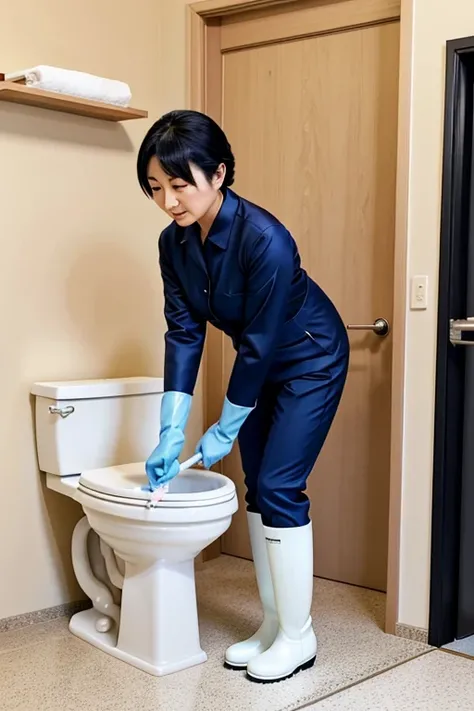 A Japanese mature woman with short black hair wearing a navy blue long-sleeved shirt and light blue slacks, wearing large pink gloves and white rubber boots, cleaning a toilet