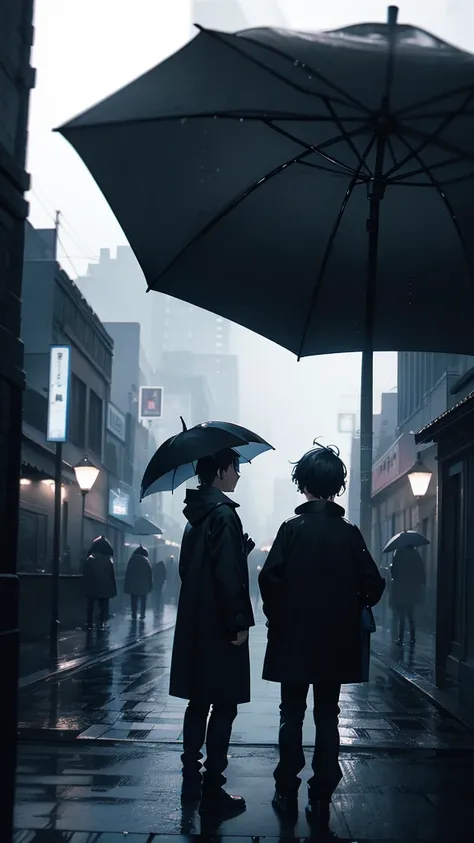 faded tone, night city, monochrome, black, blue, back ground in black, everyday scenary, heavily blurred background, rainy, 2 people ( a boy with an umbrella near the viewers looking at a girl from far )