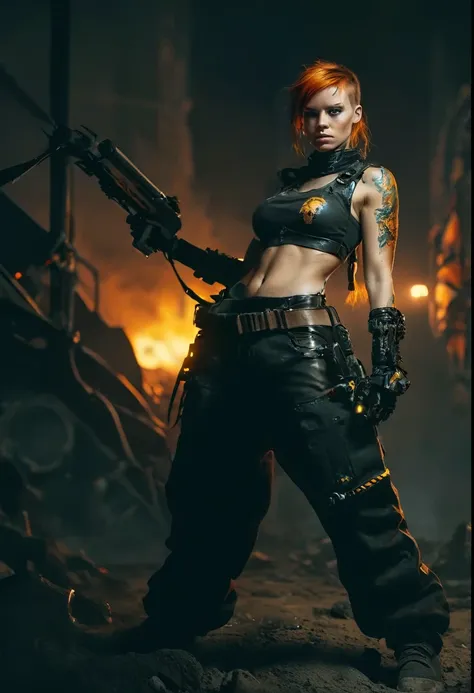 A highly detailed and realistic skull girl, cyberpunk character, mad max furiosa, one hand robot, cyborg arm, orange hair, dramatic metal heavy rock theme, best quality, 8k, hyperrealistic, photorealistic, extreme detailed painting, studio lighting, vivid ...