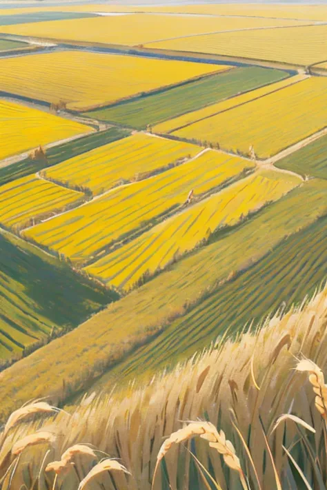 draw a background for the grain in ear poster，arial view，yellow wheats on farmfield，a scarecrow，some birds flying in the sky