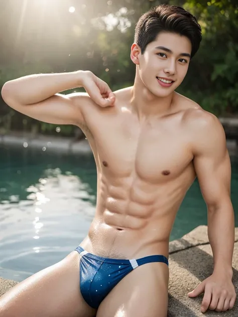 (1 young man), age 18, Opposite 3, (Masterpiece, Excellent quality, high resolution, 8ก, complex: 1.2), (detailed face: 1.2), (sexy bikini thong), (shirtless), ((topless)), pubes, lifted arms, Very handsome, Wavy abdominal muscles, Abs, Abdominal hair, Bea...