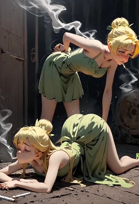 tinkerbell bending over, pain, agony, rapidly smoking cigarettes, sucking very hard on cigarette, the cigarette ash is growing v...