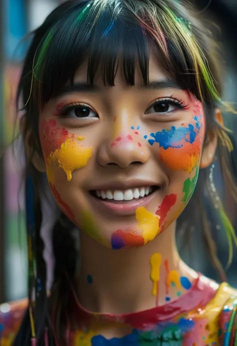 close-up portrait of beautiful young japanese girl, bangs, with colorful paint on her face, detailed skin, textures, smiling, ha...