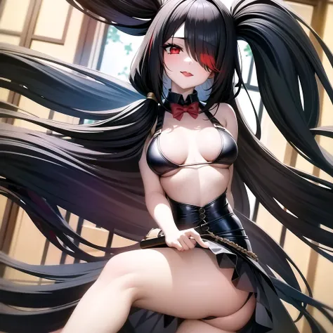 Kurumi, (obra maestra, mejor calidad:1.2), 1 chica, solo, ojo derecho rojo, sujetador negro, pelo negro, escote, adorno para el pelo, hombros descubiertos, Pechos grandes, Gothic, Kurumi, (obra maestra, mejor calidad:1.2), 1 chica, SOLO, ojo derecho rojo, ...