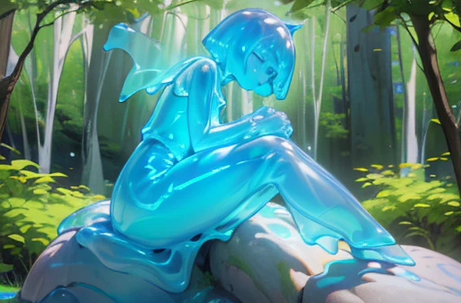 Humanoid slime, solo, translucent body, blue, see-through, gelatinous, short hair, (curvy), front facing, ((((on rock))), sitting on rock in center of clearing, single rock in center of glade, grassy clearing, (((dense woods in background)))
