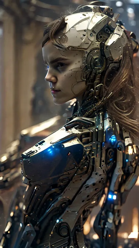 emma watson, cyborg, androidperson, mark brooks, david mann, robot brain, made of steel, hyperrealism, post-apocalyptic, renaiss...