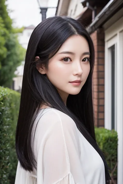 A beautiful woman in her early 30s with long black hair facing forward、House as background、Realistic face、Eyes are not too big and have a natural look