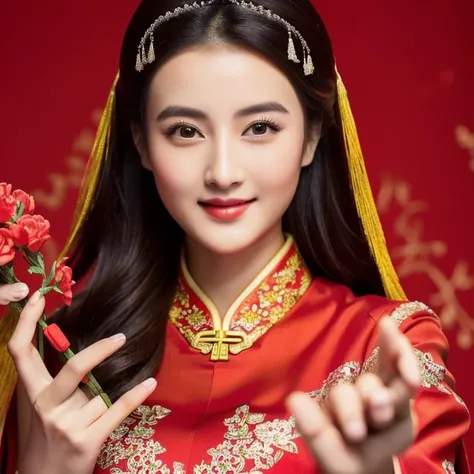 Aarav woman in red dress holding flowers in hand, wearing a red Cheongsam, Cheongsam, Chinese woman, Chinese style, Sazi, Bien Lian, Chinese girl, Chinese dress, traditional art, traditional chinese, Chinese princess, Thiti Luatthong, Ruean Jia is very bea...