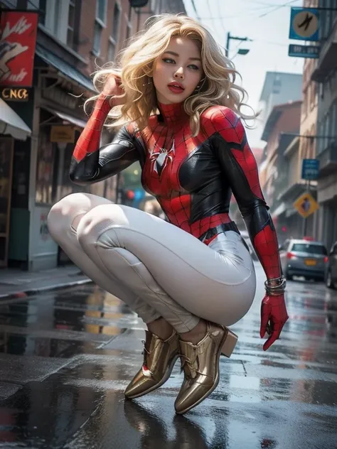 18yo Girl，White Spider-Man suit，short and wavy hair，blondehair，beautifulface，lluvia，teto，The Masterpiece，exquisite detailing，Perfect anatomy，best qulity，ultra-highresolution，4k, Full body Shot
