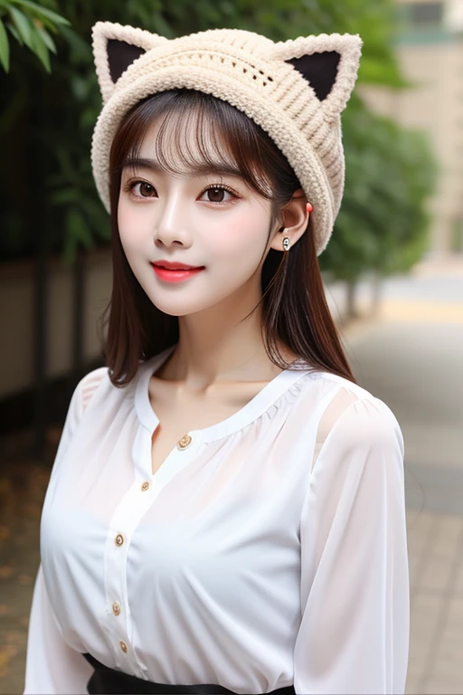 Chest G cup，Facial skin smooth and tender（Childlike face）Nine grids， aafed image of woman wearing blouse and cat ear hat，Nine consecutive shots